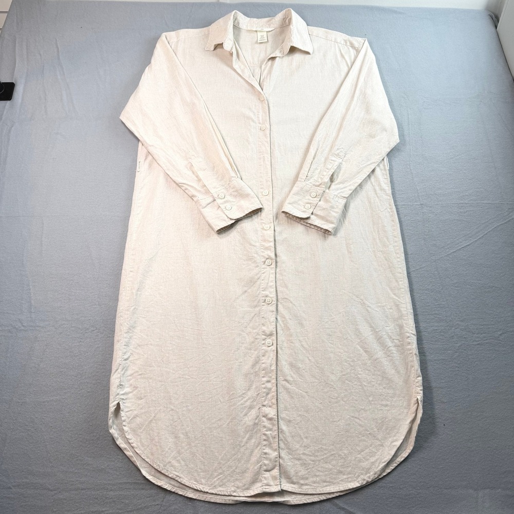 Coastal Beige Shirt Dress Women's XS Linen Blend Long Sleeve Midi Melange - Picture 4 of 12